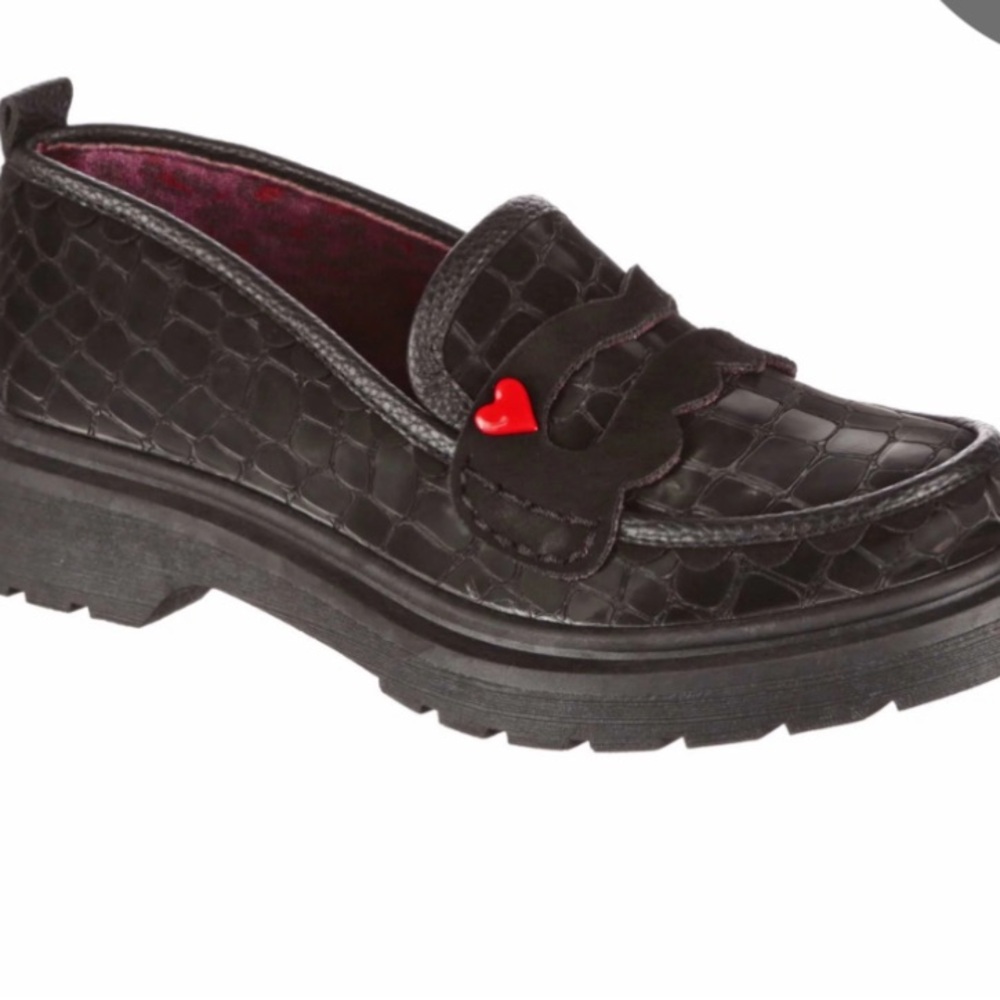 Irregular Choice Black Loafers with Red Heart Accent
